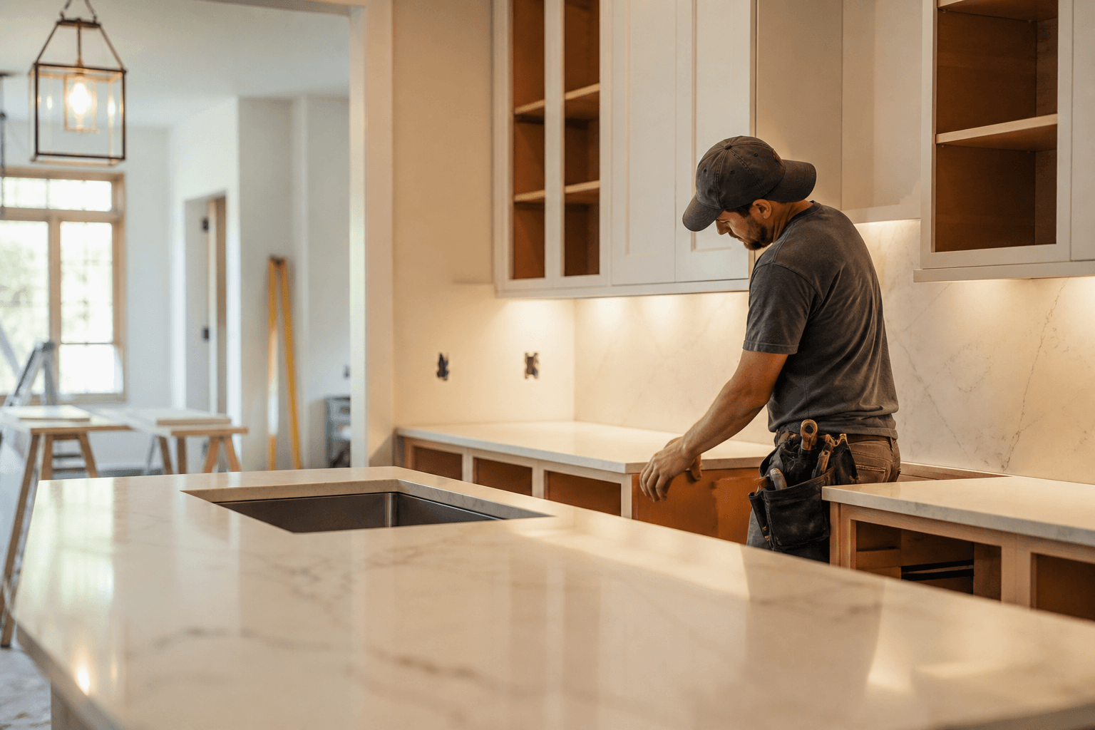 Residential kitchen remodel with cabinets and countertops being installed