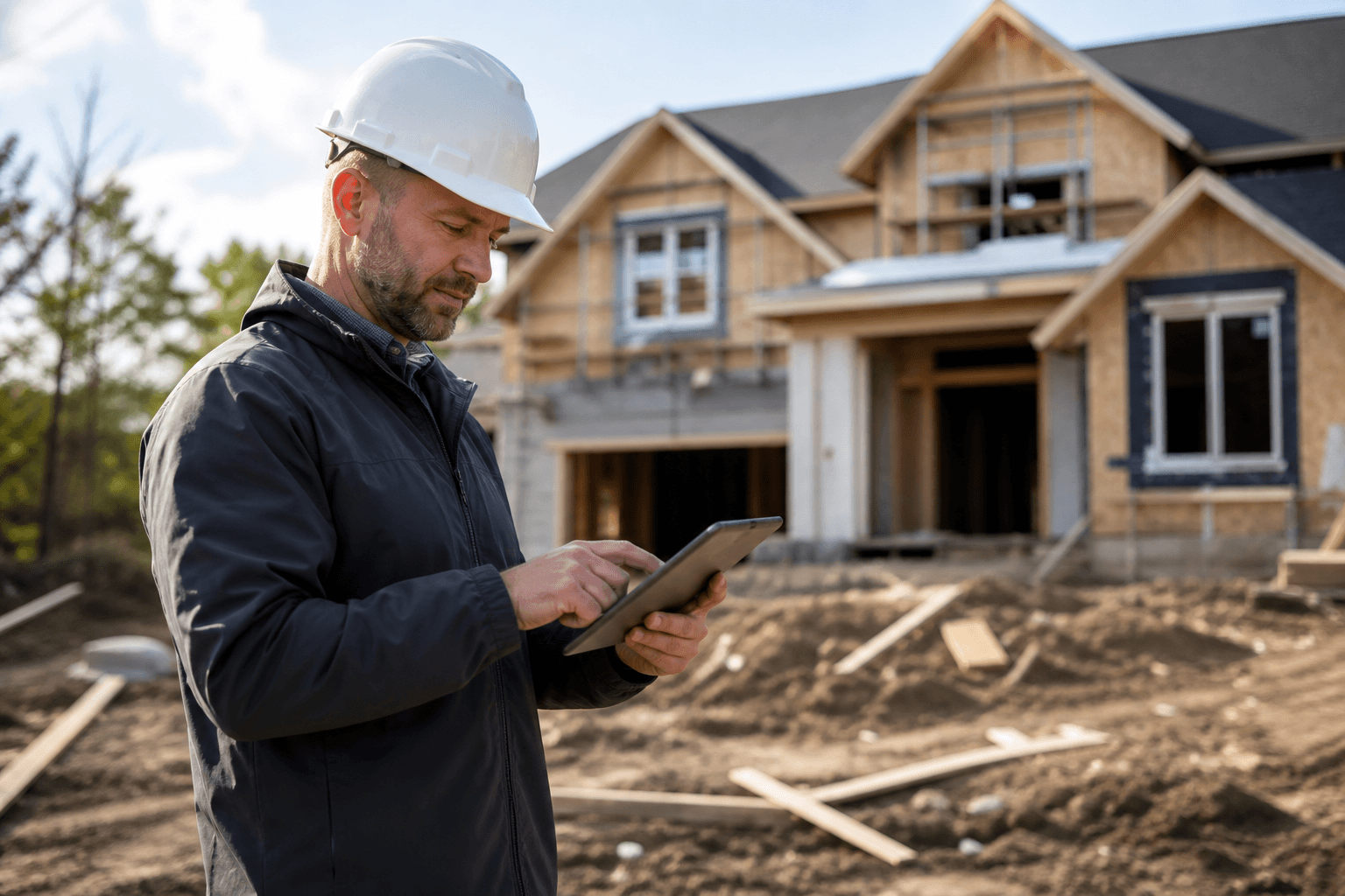Contractor reviewing a digital construction proposal on a tablet at a residential job site