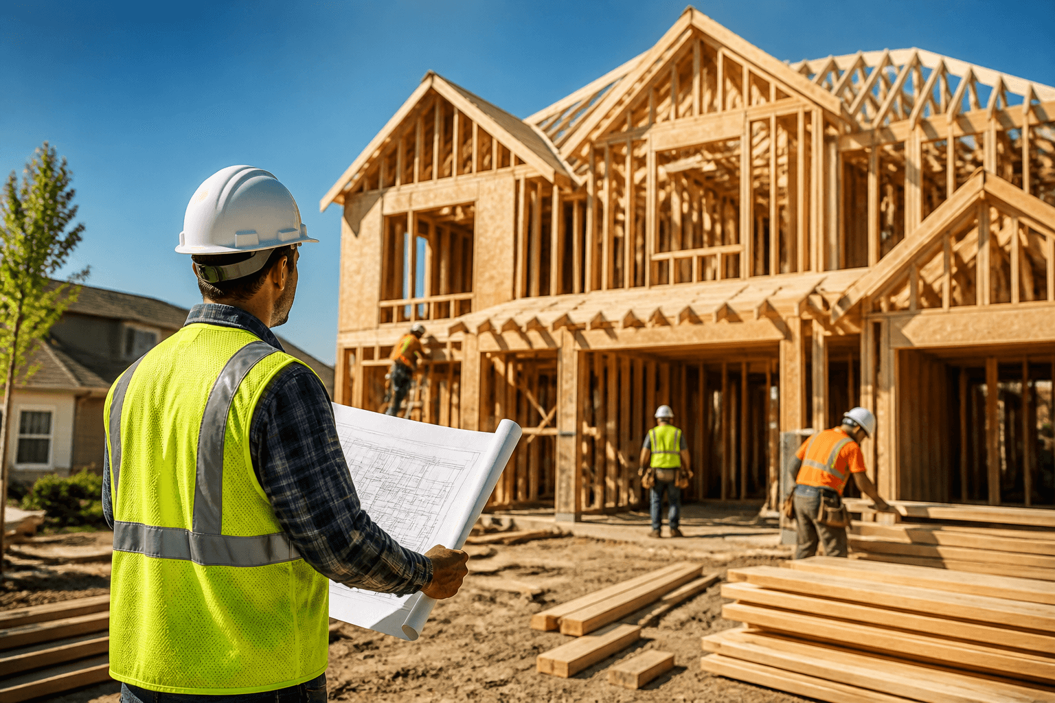 Framed residential home under construction with workers on site