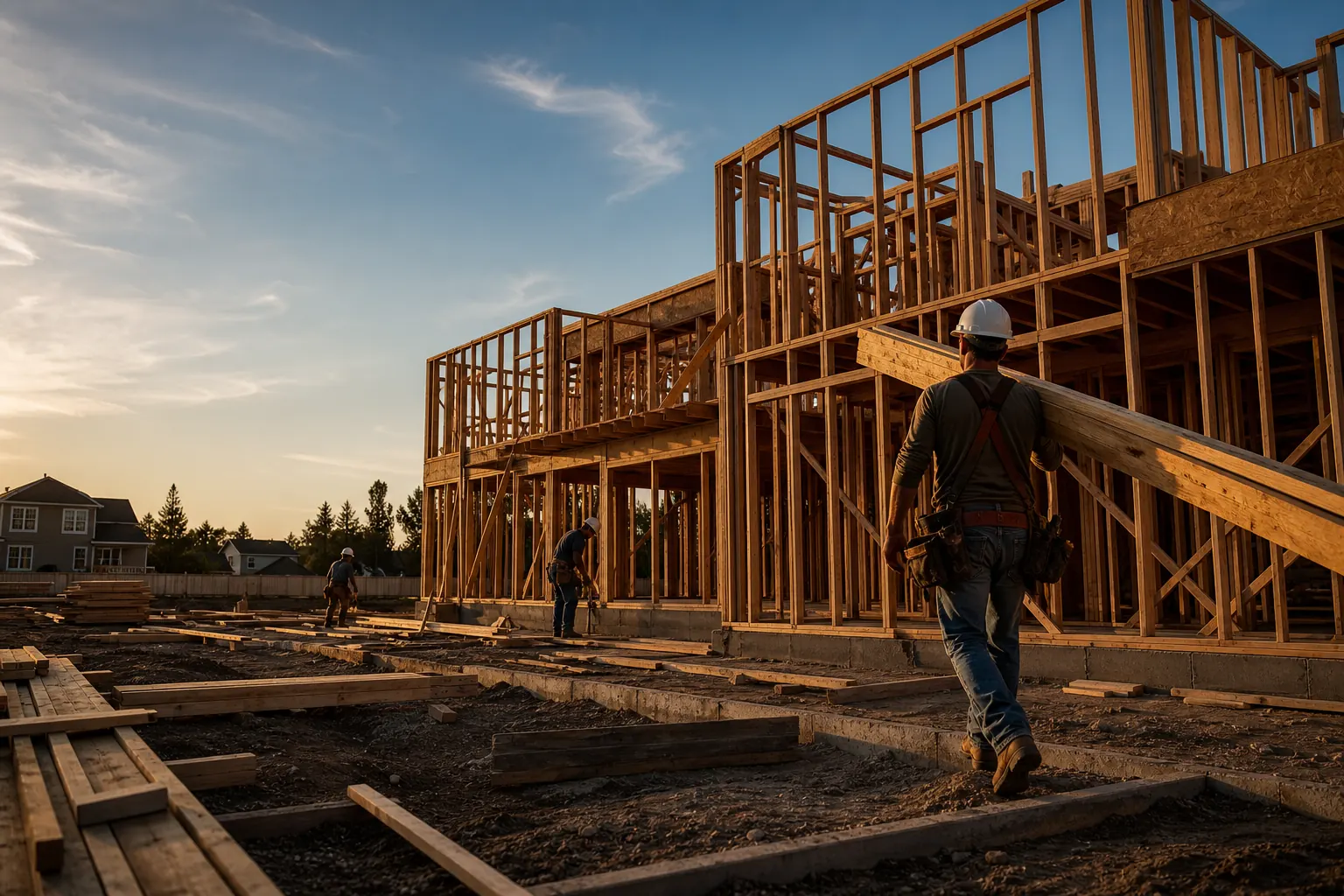 Construction jobsite with workers on a building project